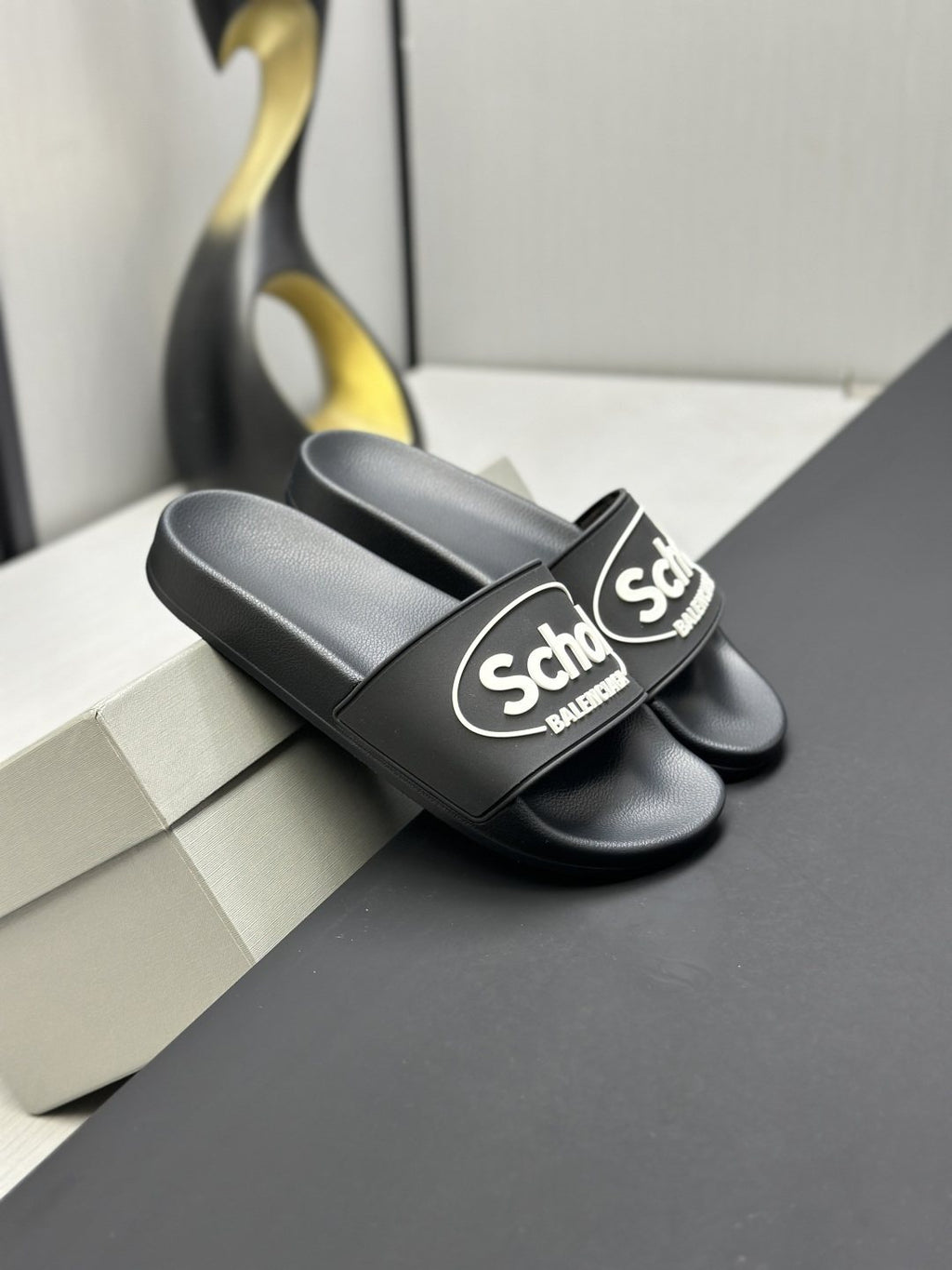 Black Logo Strap Slide Sandals — front