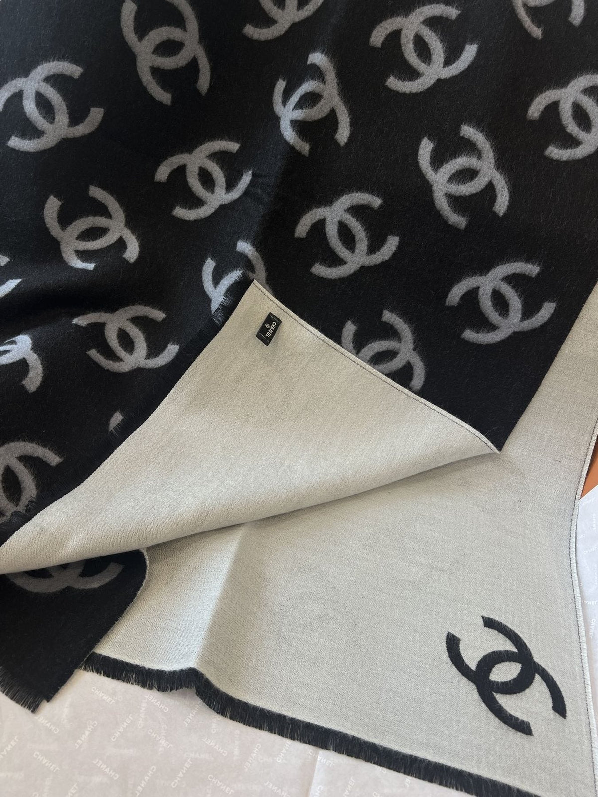 Chanel Reversible Black & Ivory Motif Shawl — detail