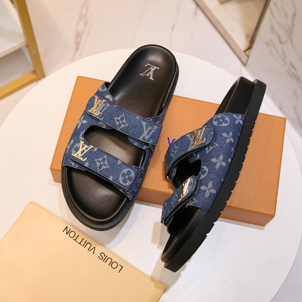 Louis Vuitton Blue Monogram Slide Sandals — front