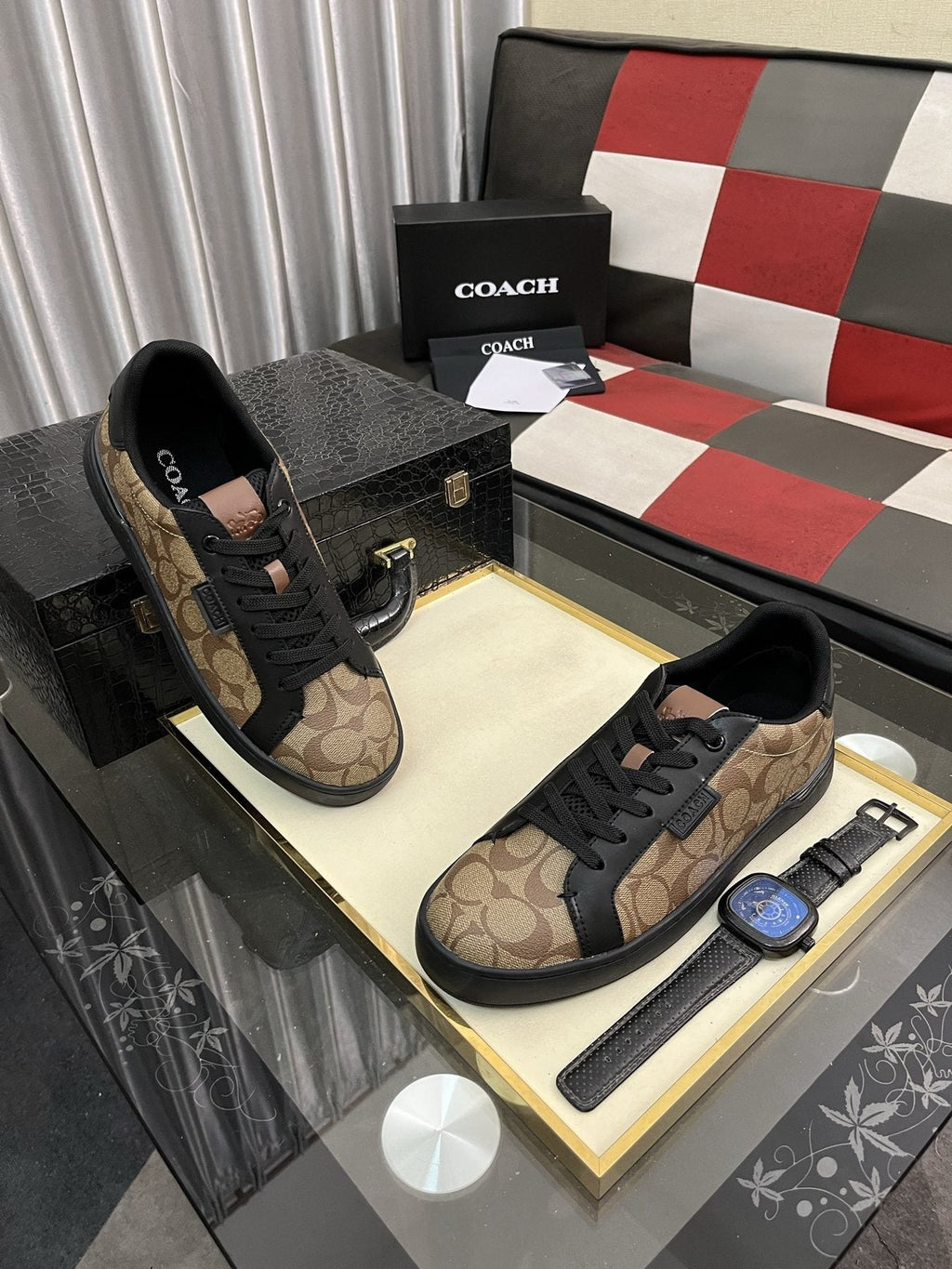 Coach Brown and Black Patterned Low-Top Sneakers — front