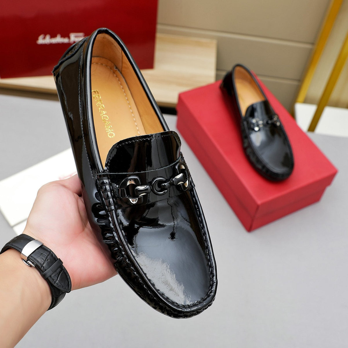 Ferragamo Black Metal Bit Loafers — model