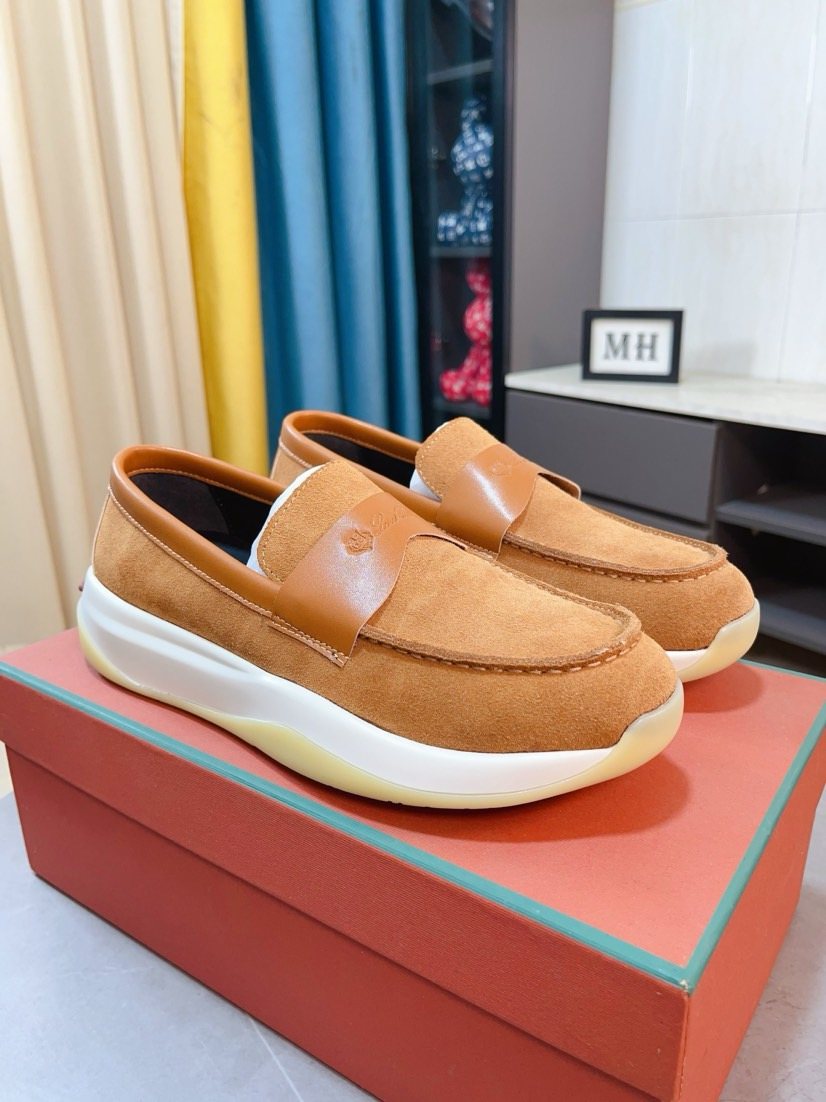 Loro Piana Navy Blue Contrast-Strap Loafers — front