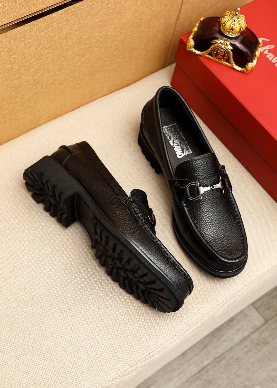 Ferragamo Pebbled Leather Lug Sole Loafers — front