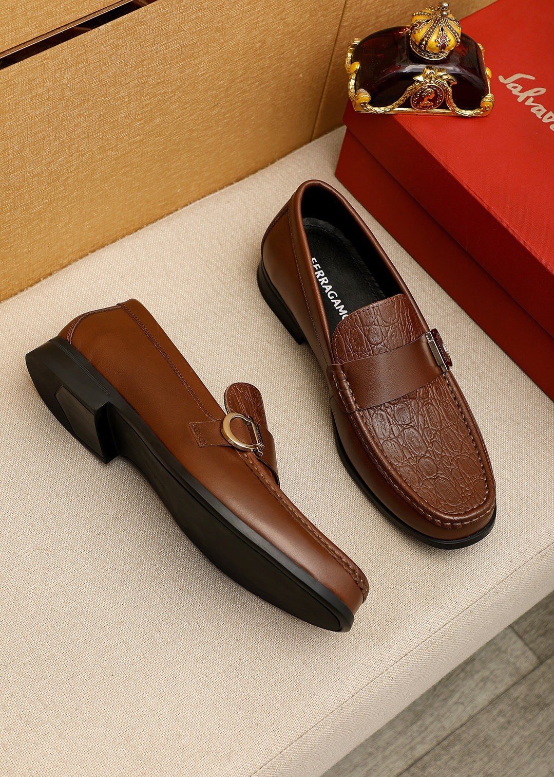 Ferragamo Embossed Buckle Loafers — front