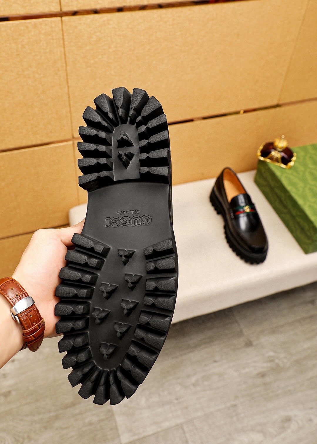 Gucci Striped Vamp Lug Sole Loafers — detail